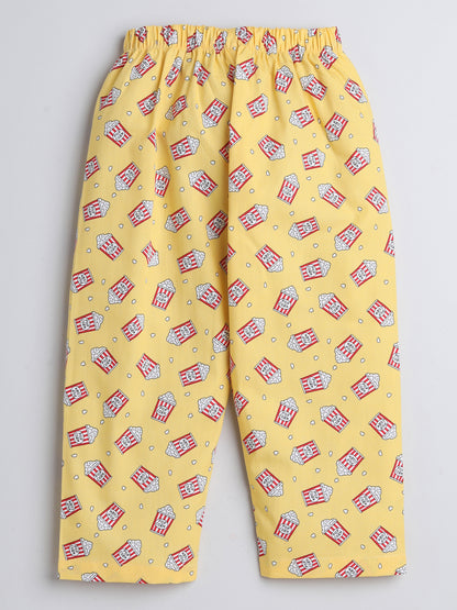 Popcorn Printed Full Sleeves Lounge Wear Night Suit Set For Kids Mustard