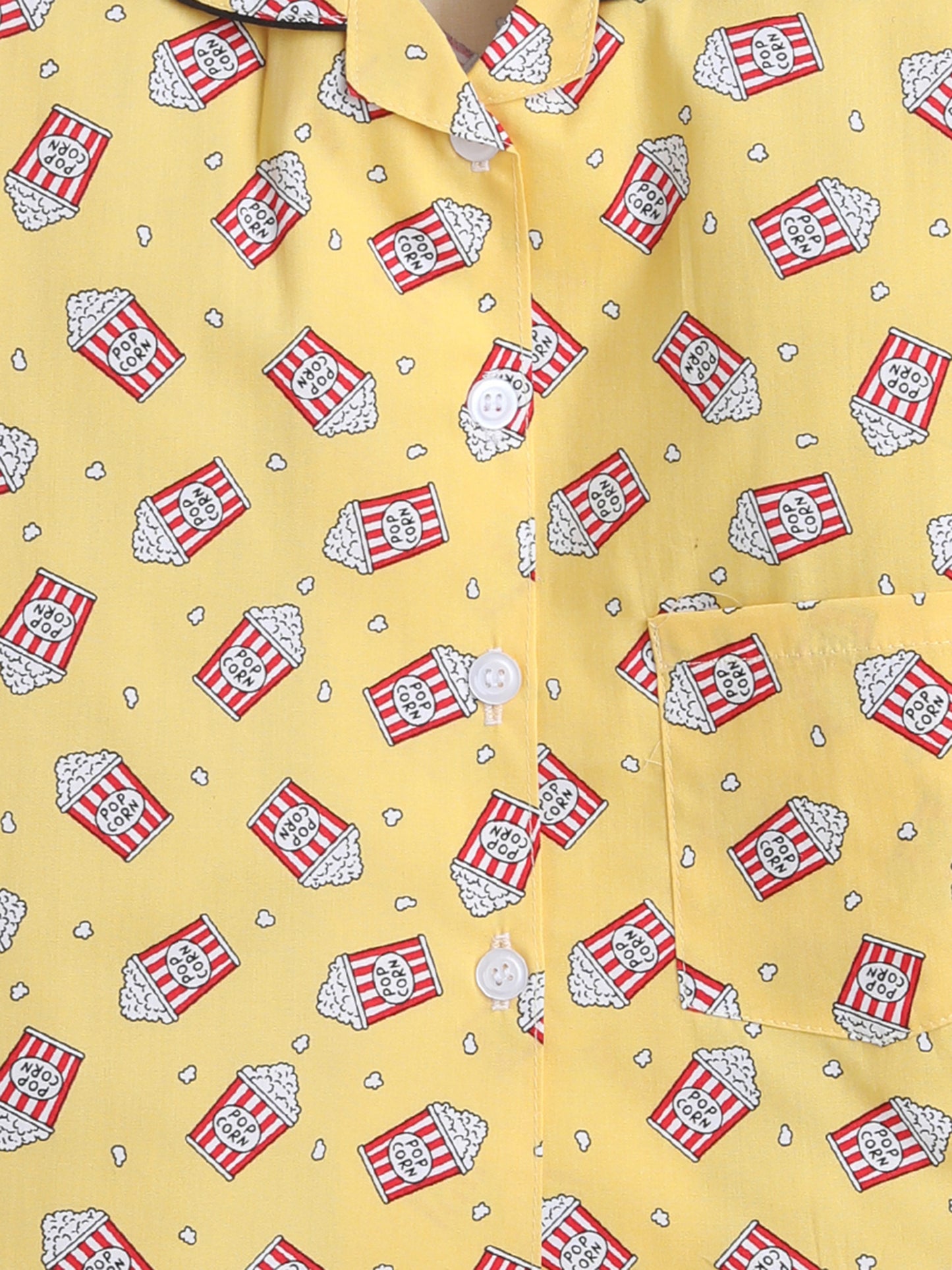 Popcorn Printed Full Sleeves Lounge Wear Night Suit Set For Kids Mustard