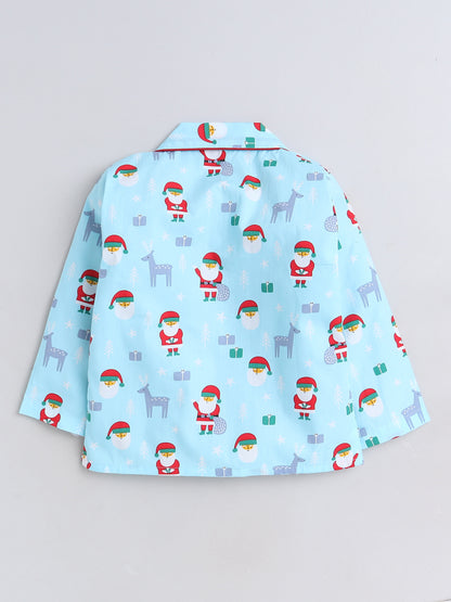 Xmas Santas Printed Full Sleeves Lounge Wear Night Suit Set For Kids Blue