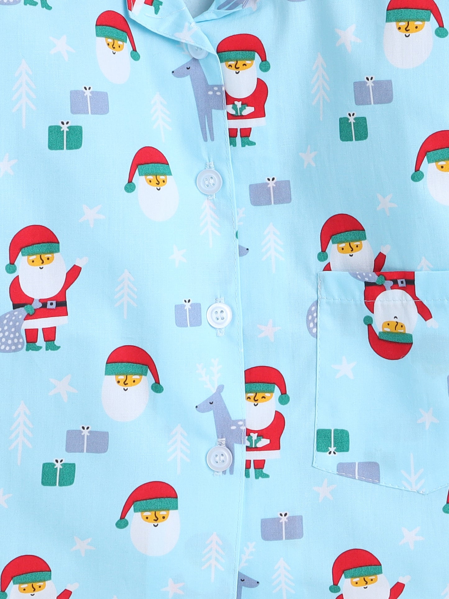 Xmas Santas Printed Full Sleeves Lounge Wear Night Suit Set For Kids Blue
