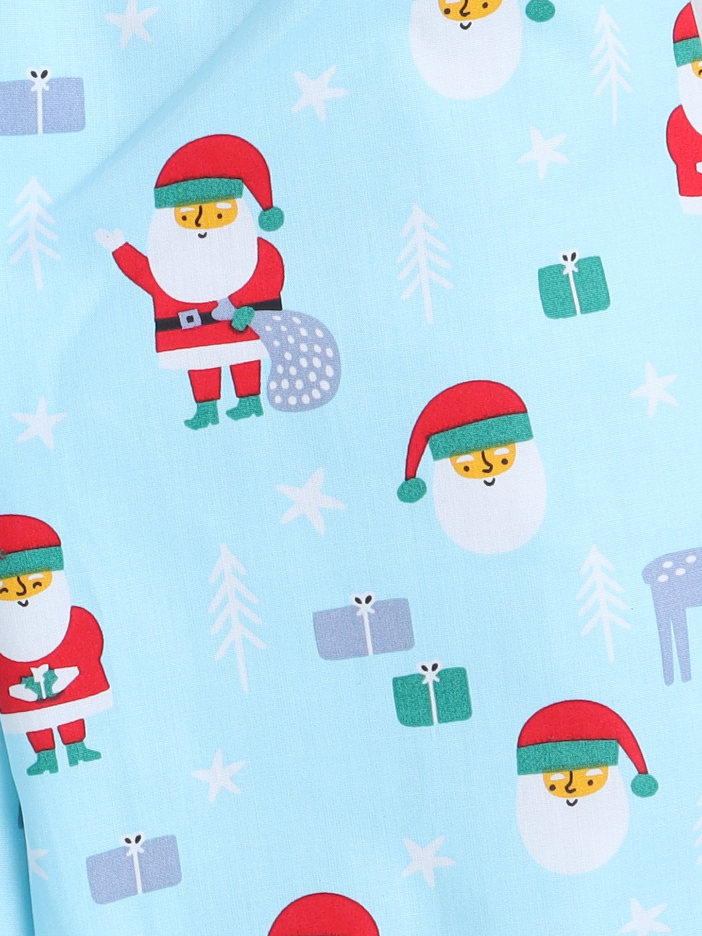Xmas Santas Printed Full Sleeves Lounge Wear Night Suit Set For Kids Blue