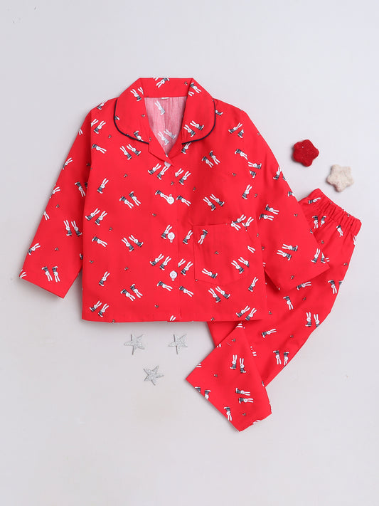 Cute Bunny Printed Full Sleeves Lounge Wear Night Suit Set For Kids Red