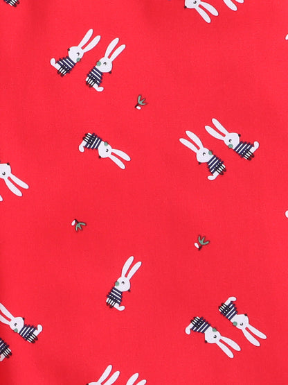 Cute Bunny Printed Full Sleeves Lounge Wear Night Suit Set For Kids Red