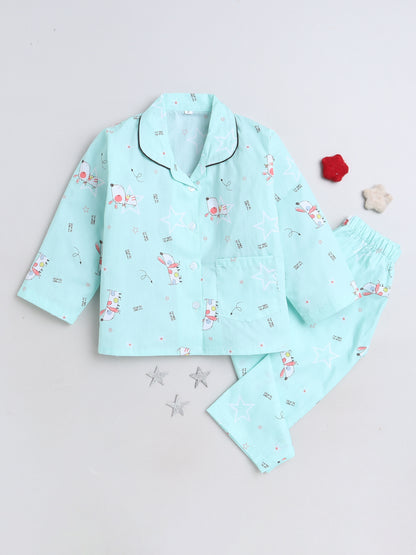 Cute Dog Printed Full Sleeves Lounge Wear Night Suit Set For Kids Blue