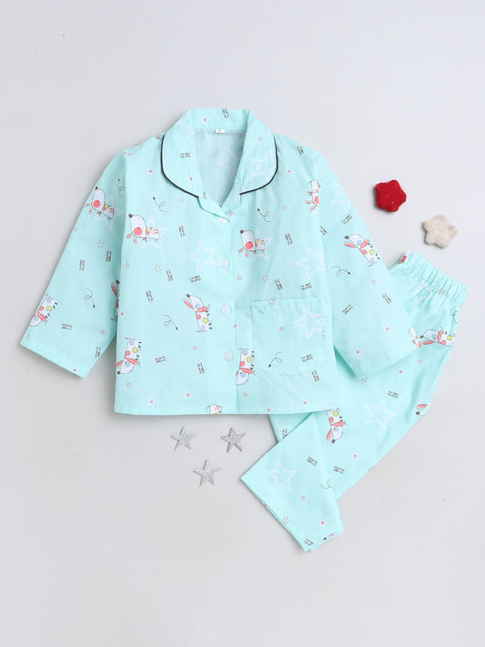 Cute Dog Printed Full Sleeves Lounge Wear Night Suit Set For Kids Blue