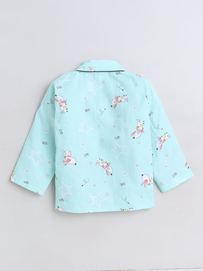 Cute Dog Printed Full Sleeves Lounge Wear Night Suit Set For Kids Blue