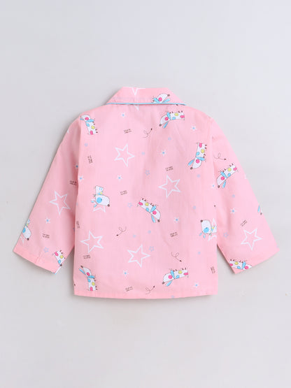 Cute Dog Printed Full Sleeves Lounge Wear Night Suit Set For Kids Pink