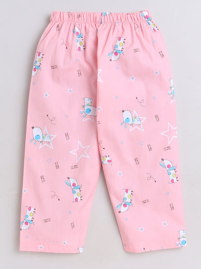 Cute Dog Printed Full Sleeves Lounge Wear Night Suit Set For Kids Pink