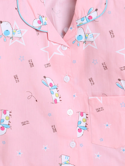 Cute Dog Printed Full Sleeves Lounge Wear Night Suit Set For Kids Pink