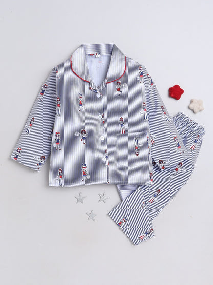 Stripes Printed Printed Full Sleeves Lounge Wear Night Suit Set For Kids Blue