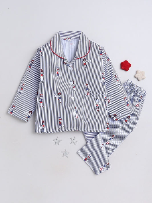 Stripes Printed Printed Full Sleeves Lounge Wear Night Suit Set For Kids Blue