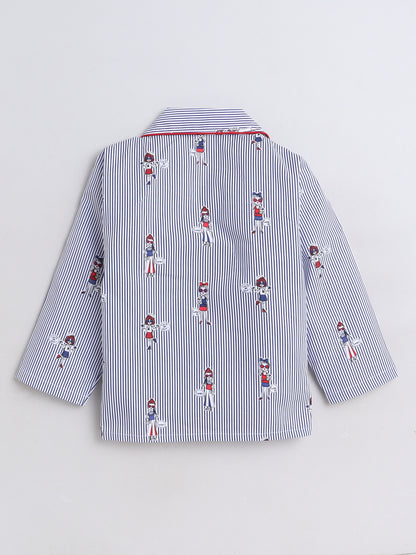 Stripes Printed Printed Full Sleeves Lounge Wear Night Suit Set For Kids Blue