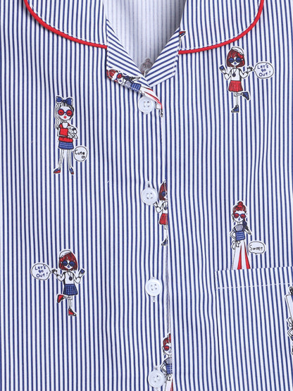 Stripes Printed Printed Full Sleeves Lounge Wear Night Suit Set For Kids Blue