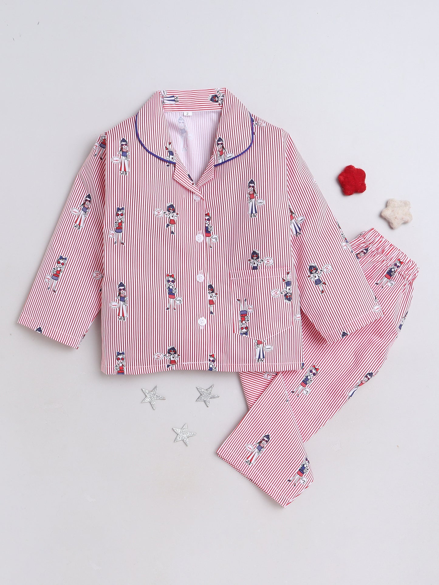 Stripes Printed Printed Full Sleeves Lounge Wear Night Suit Set For Kids Red