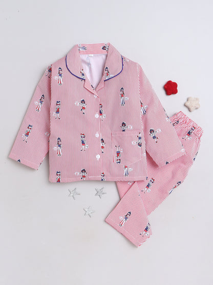Stripes Printed Printed Full Sleeves Lounge Wear Night Suit Set For Kids Red