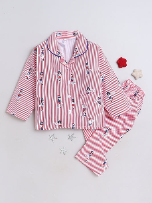 Stripes Printed Printed Full Sleeves Lounge Wear Night Suit Set For Kids Red