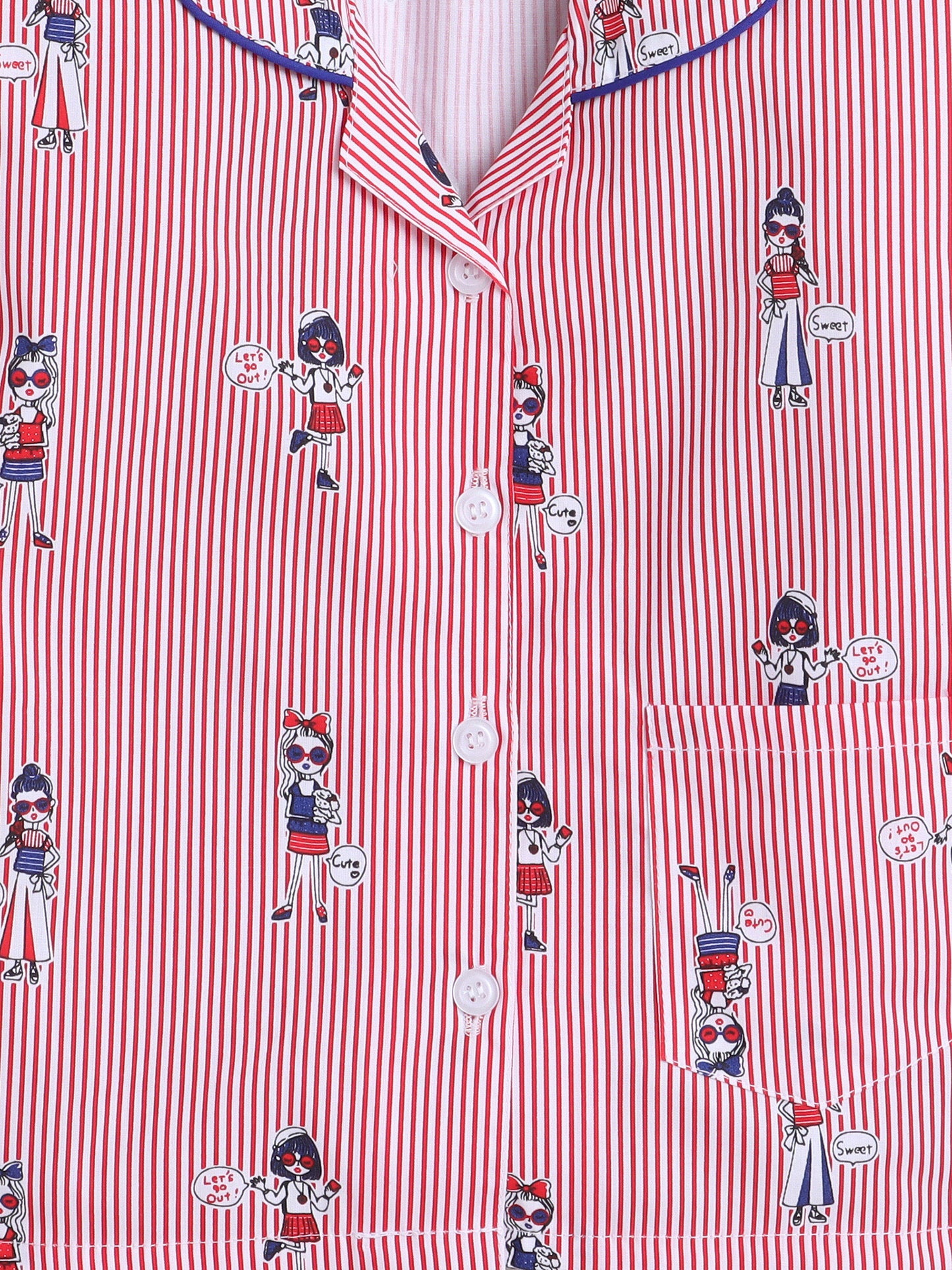 Stripes Printed Printed Full Sleeves Lounge Wear Night Suit Set For Kids Red