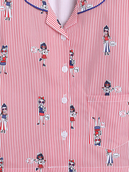Stripes Printed Printed Full Sleeves Lounge Wear Night Suit Set For Kids Red
