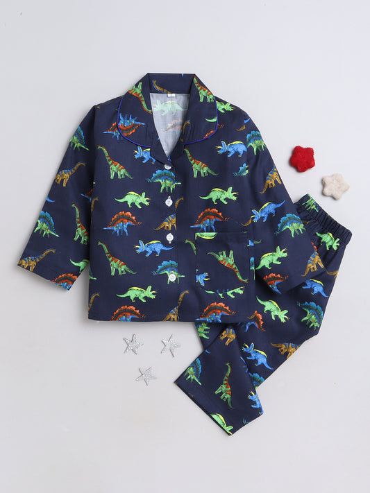 Dianosaur Printed Full Sleeves Lounge Wear Night Suit Set For Kids Naby Blue