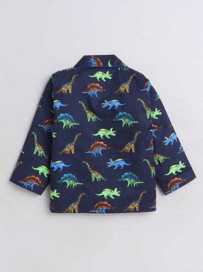 Dianosaur Printed Full Sleeves Lounge Wear Night Suit Set For Kids Naby Blue