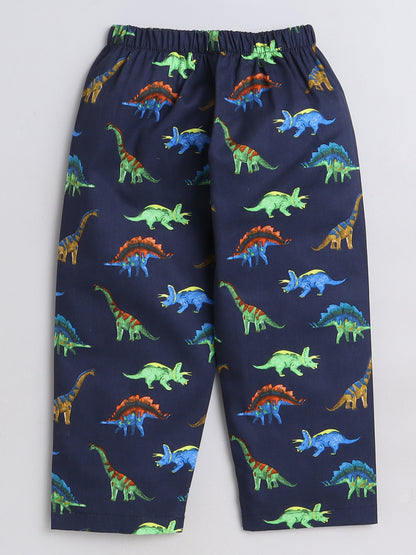 Dianosaur Printed Full Sleeves Lounge Wear Night Suit Set For Kids Naby Blue