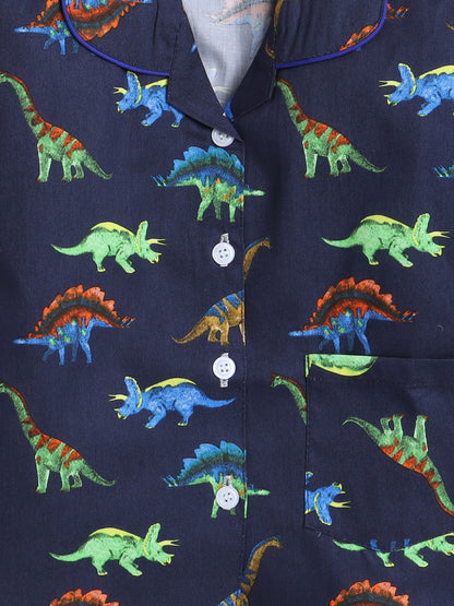 Dianosaur Printed Full Sleeves Lounge Wear Night Suit Set For Kids Naby Blue