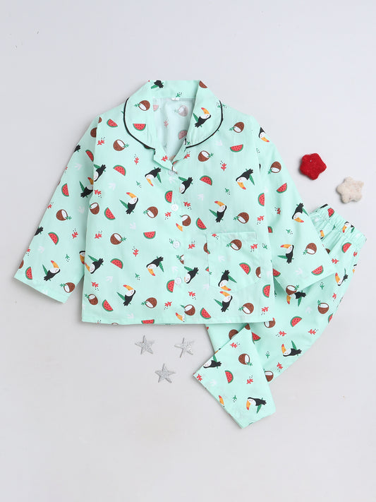 Fruits Printed Full Sleeves Lounge Wear Night Suit Set For Kids Mint