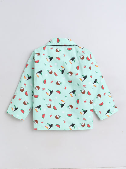Fruits Printed Full Sleeves Lounge Wear Night Suit Set For Kids Mint