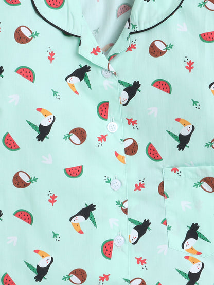Fruits Printed Full Sleeves Lounge Wear Night Suit Set For Kids Mint