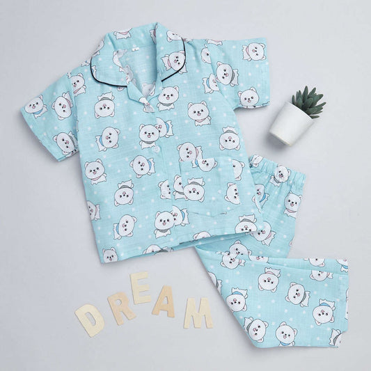 Cute Cat Printed Half Sleeves Top and Shorts Set Night Suit Set For Kids Blue