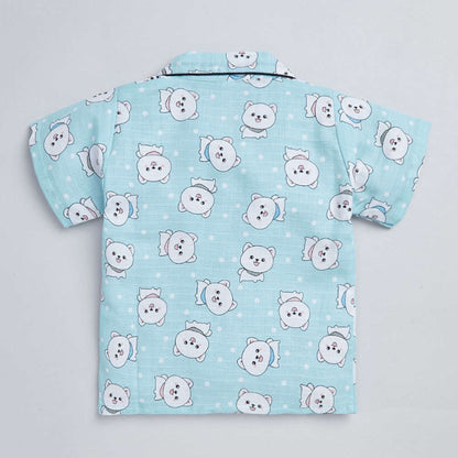 Cute Cat Printed Half Sleeves Top and Shorts Set Night Suit Set For Kids Blue