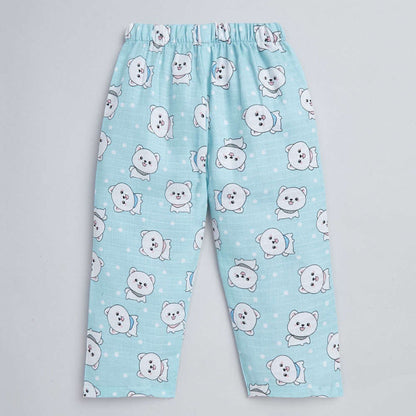 Cute Cat Printed Half Sleeves Top and Shorts Set Night Suit Set For Kids Blue