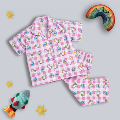 Cow Printed Half Sleeves Top and Shorts Set Night Suit Set For Kids Pink