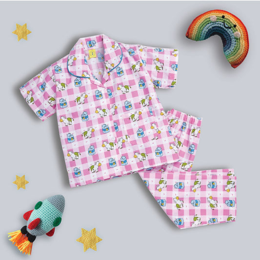 Cow Printed Half Sleeves Top and Shorts Set Night Suit Set For Kids Pink