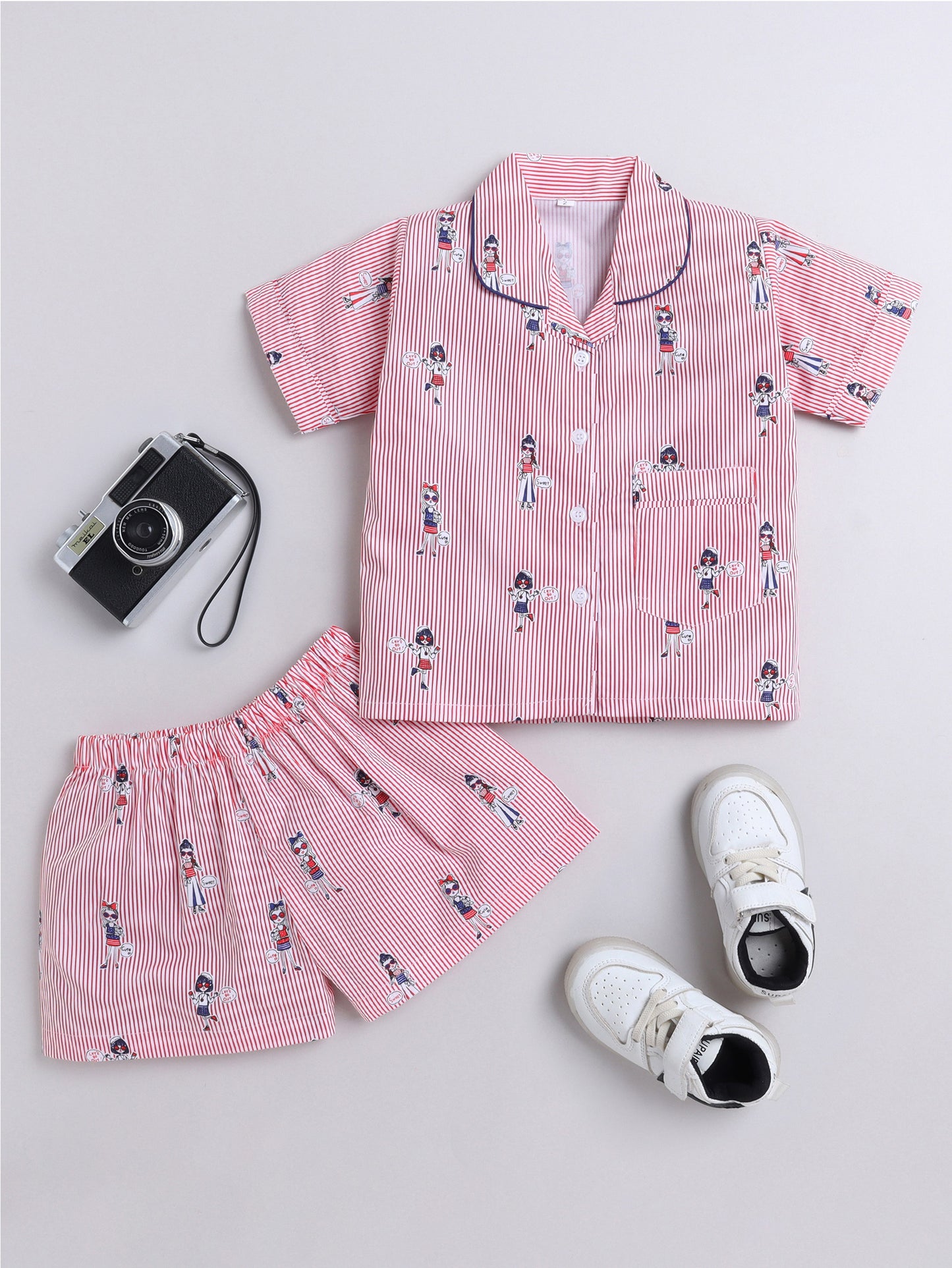 Girl Printed Cotton Half Sleeves Shirt and Shorts Set Night Suit Set For Kids Pink