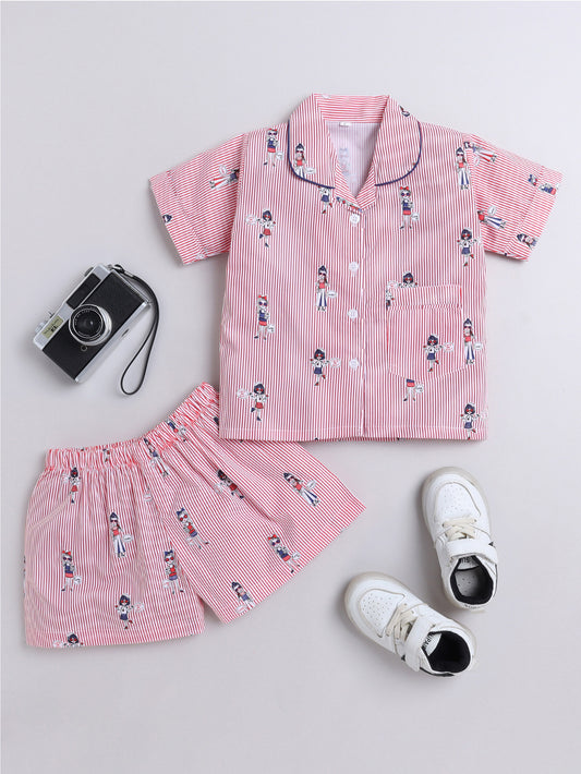 Girl Printed Cotton Half Sleeves Shirt and Shorts Set Night Suit Set For Kids Pink