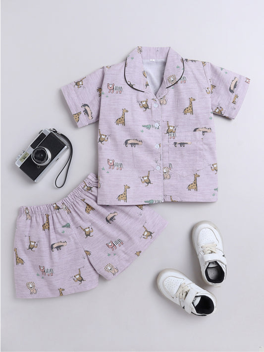 Animal Printed Cotton Half Sleeves Shirt and Shorts Set Night Suit Set For Kids Pink