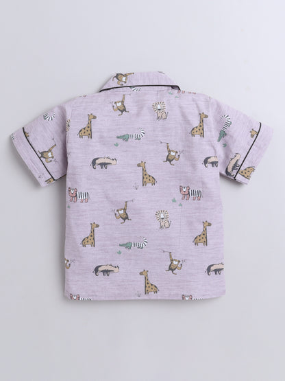 Animal Printed Cotton Half Sleeves Shirt and Shorts Set Night Suit Set For Kids Pink