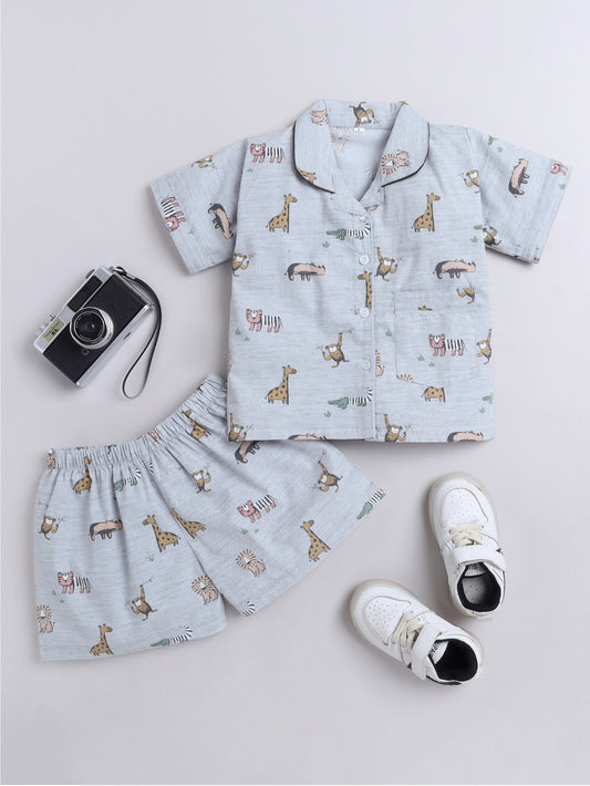 Animal Printed Cotton Half Sleeves Shirt and Shorts Set Night Suit Set For Kids Grey