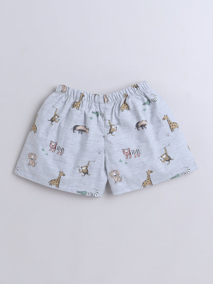 Animal Printed Cotton Half Sleeves Shirt and Shorts Set Night Suit Set For Kids Grey