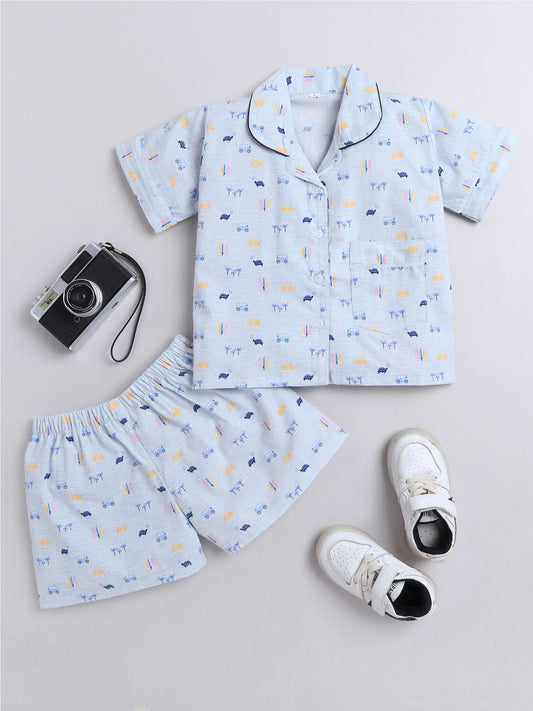 Animal Printed Cotton Half Sleeves Shirt and Shorts Set Night Suit Set For Kids Blue