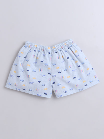 Animal Printed Cotton Half Sleeves Shirt and Shorts Set Night Suit Set For Kids Blue