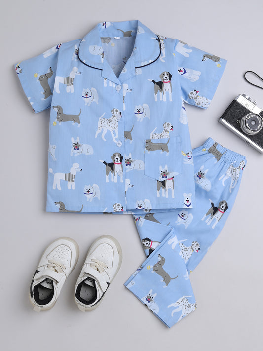 Half Sleeves Puppy Printed Night Suit Set Blue