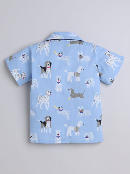 Half Sleeves Puppy Printed Night Suit Set Blue