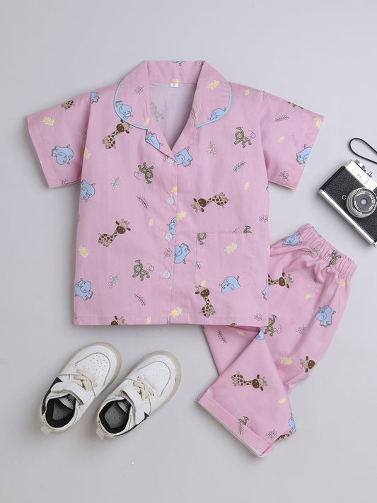Half Sleeves Giraffe Printed Night Suit Set Pink
