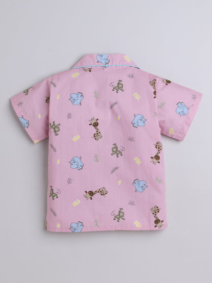 Half Sleeves Giraffe Printed Night Suit Set Pink