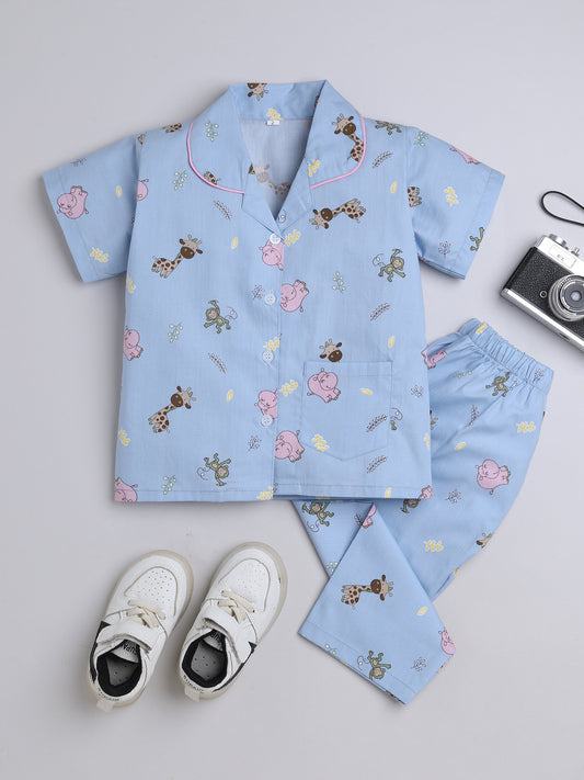 Half Sleeves Animal Printed Night Suit Set Blue