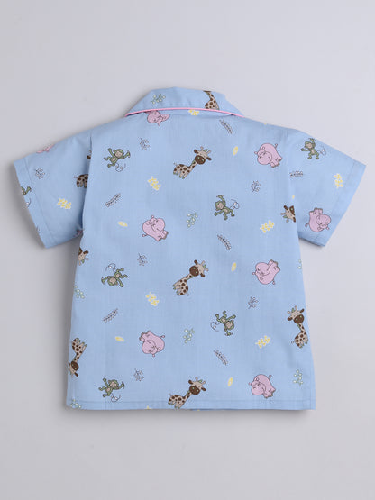 Half Sleeves Animal Printed Night Suit Set Blue