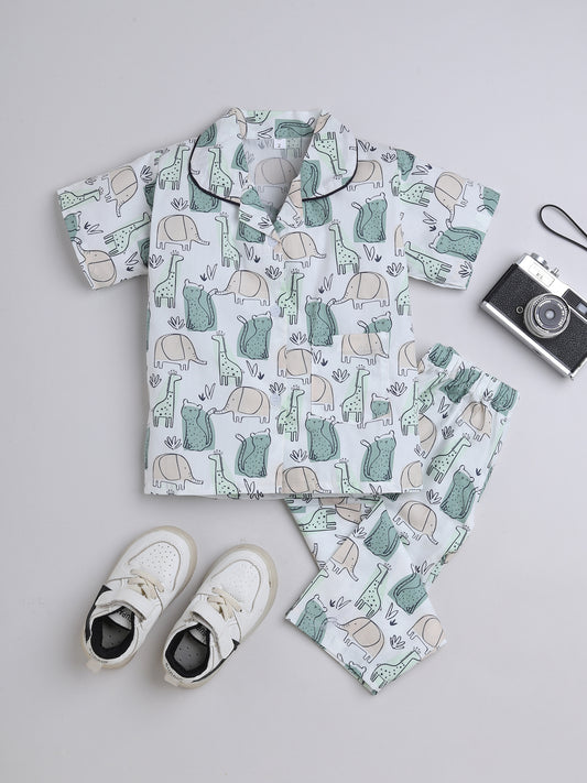 Half Sleeves Animal Printed Night Suit Set Green