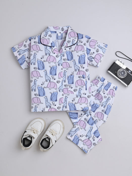 Half Sleeves Animal Printed Night Suit Set Blue-ns